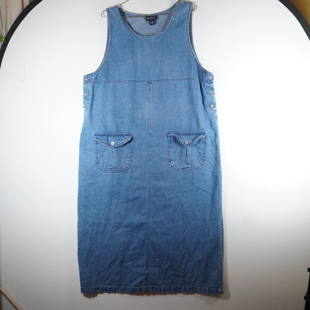 VTG Blue J Denim‎ Jumper Dress XL Blue Button Cargo Pocket Midi Casual Teacher